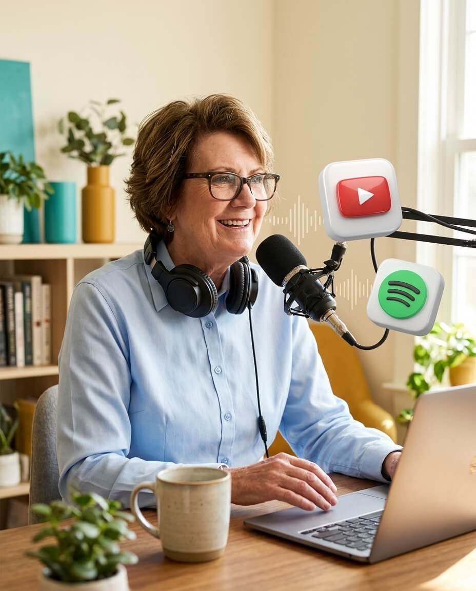 Sandy Vecchi recording her No Roles. No Rules. Just You. podcast, available on YouTube and Spotify